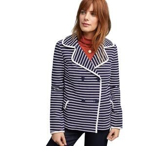 Anthropologie Stephanie Peacoat Striped Navy White Double Breasted Blazer Small